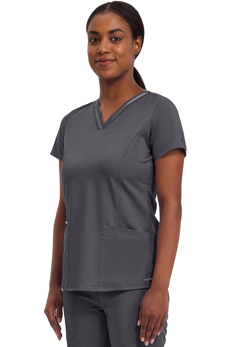 Women's Healing Hands Purple Label Jasmin scrub top style 2278 in pewter grey- flattering V-neck healthcare scrub with moisture-wicking fabric.