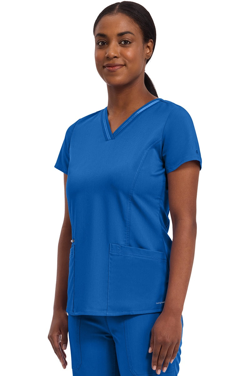 Women's Healing Hands Purple Label Jasmin scrub top style 2278 in royal blue - durable V-neck medical uniform with grosgrain ribbon details.