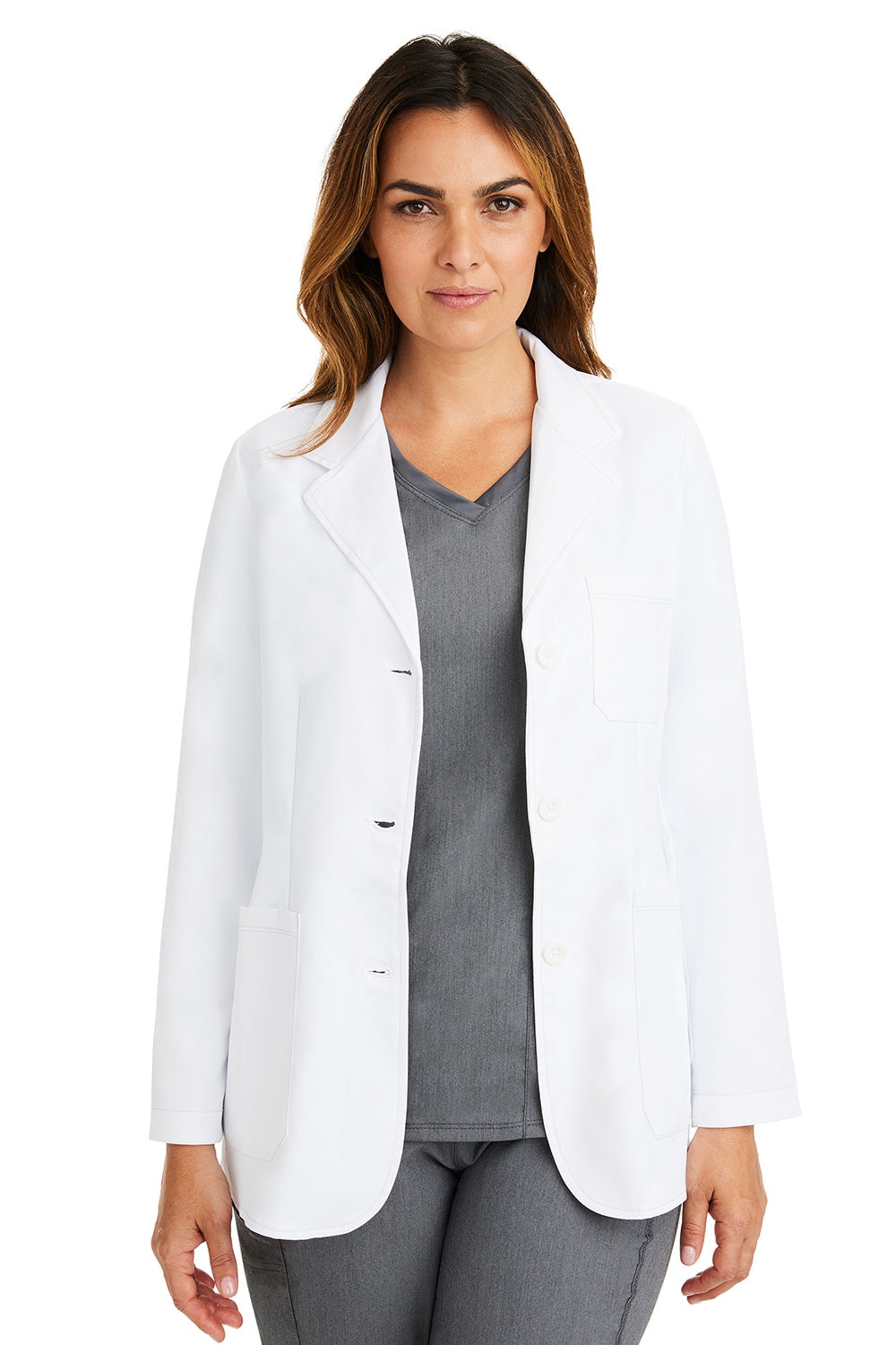 Healing Hands Flo 5160 white consultation coat for women - front view showing notched lapels, 5 pockets, and tailored fit with stretch fabric.
