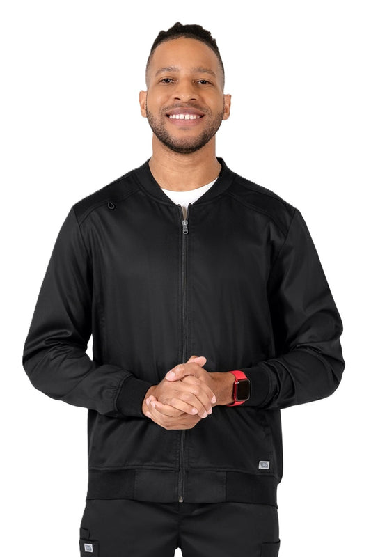 Men's black scrub jacket with zip front and ribbed cuffs - IRG Edge 2861 medical workwear for healthcare professionals.