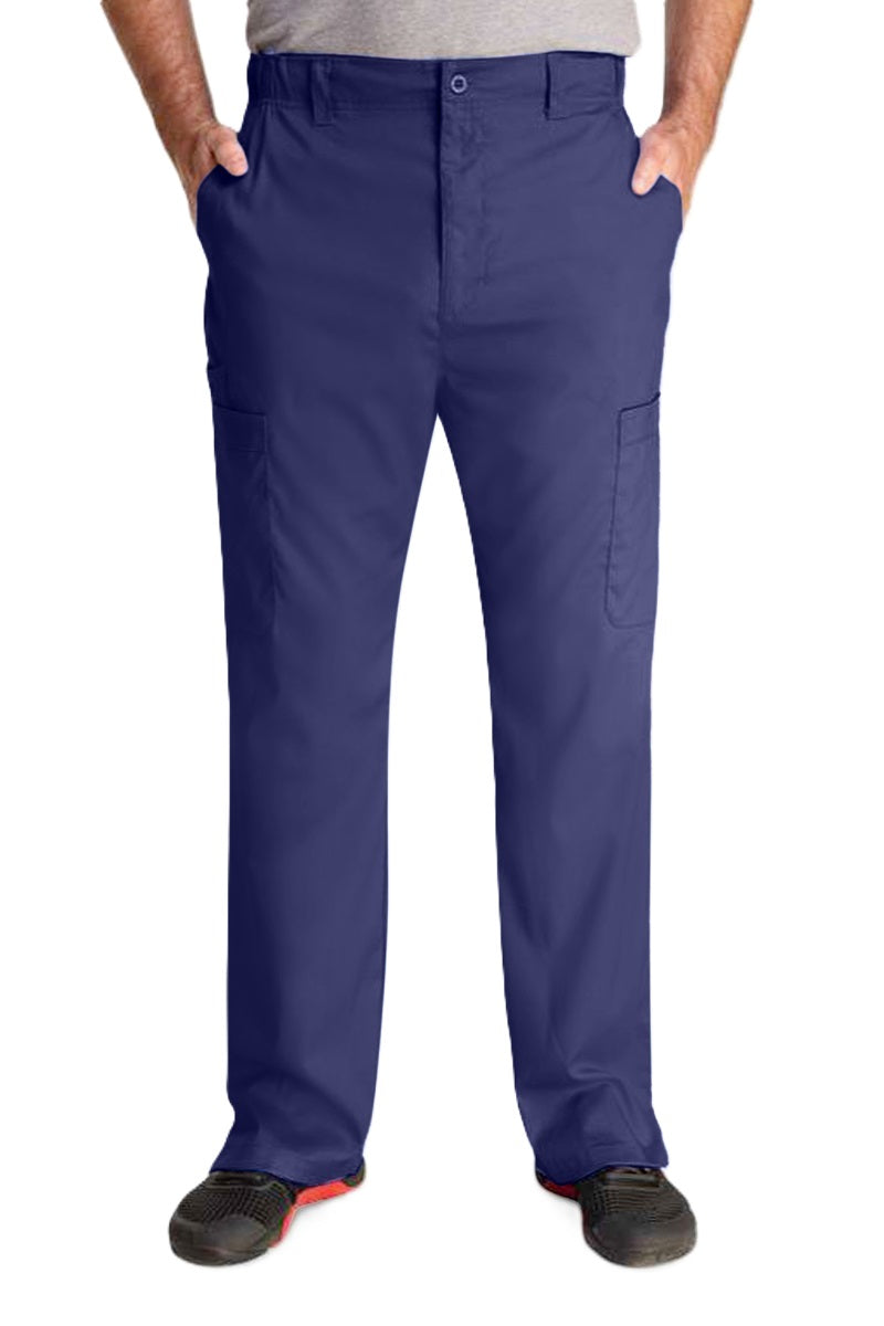 IRG Edge Men's Scrub Pants 6851 in navy blue - professional medical scrubs with semi-tapered fit, flexible waistband, and functional pockets for nurses and doctors.