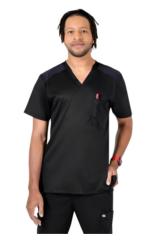 IRG Edge 2851 men's black v-neck scrub top with mesh ventilation panels and chest pocket, performance poly rayon spandex blend medical uniform for healthcare professionals.