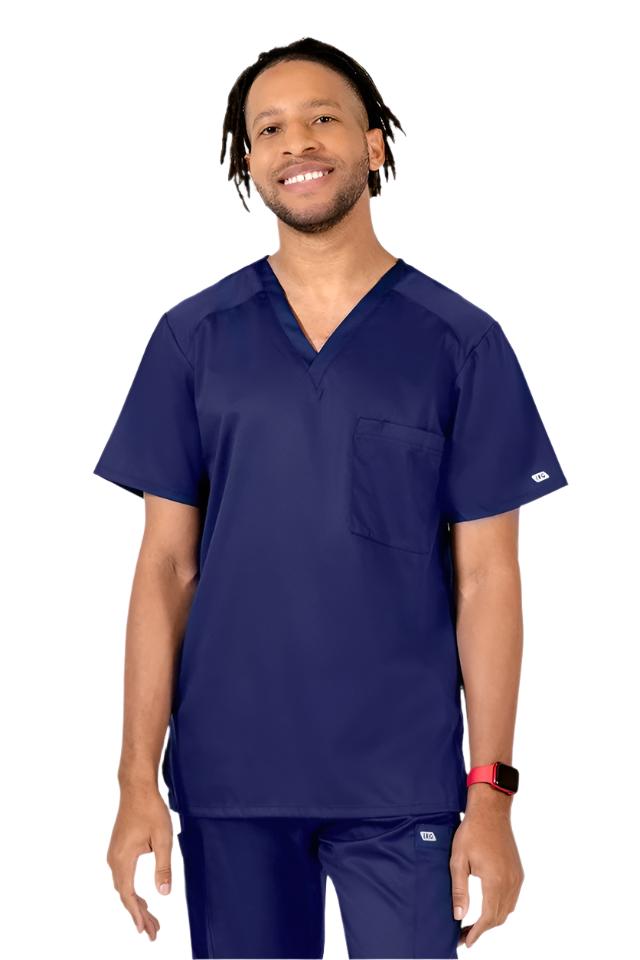 IRG Edge 2851 men's navy blue v-neck scrub top with moisture-wicking fabric and breathable mesh side panels, professional medical scrubs for nurses and doctors.