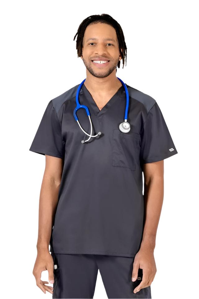 IRG Edge 2851 men's pewter grey v-neck scrub top featuring stretch performance fabric, functional chest pocket, wrinkle-resistant medical uniform for healthcare workers.