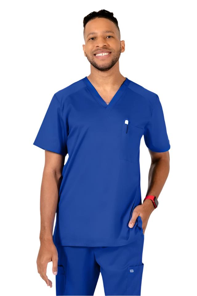 IRG Edge 2851 men's royal blue v-neck scrub top with quick-dry technology and strategic ventilation, durable professional medical scrubs for clinical environments.