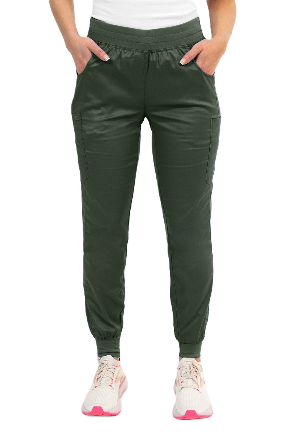 IRG Edge 6803 jogger scrub pants in olive green - durable medical scrubs with athletic jogger style and functional pocket design for healthcare staff.