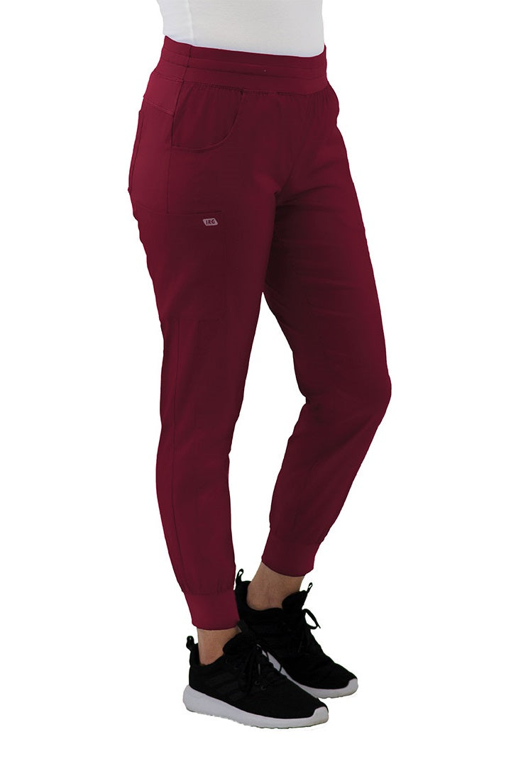 IRG Edge 6803 jogger scrub pants in wine red - yoga waistband medical scrubs with tapered leg and ankle cuffs for women healthcare professionals.