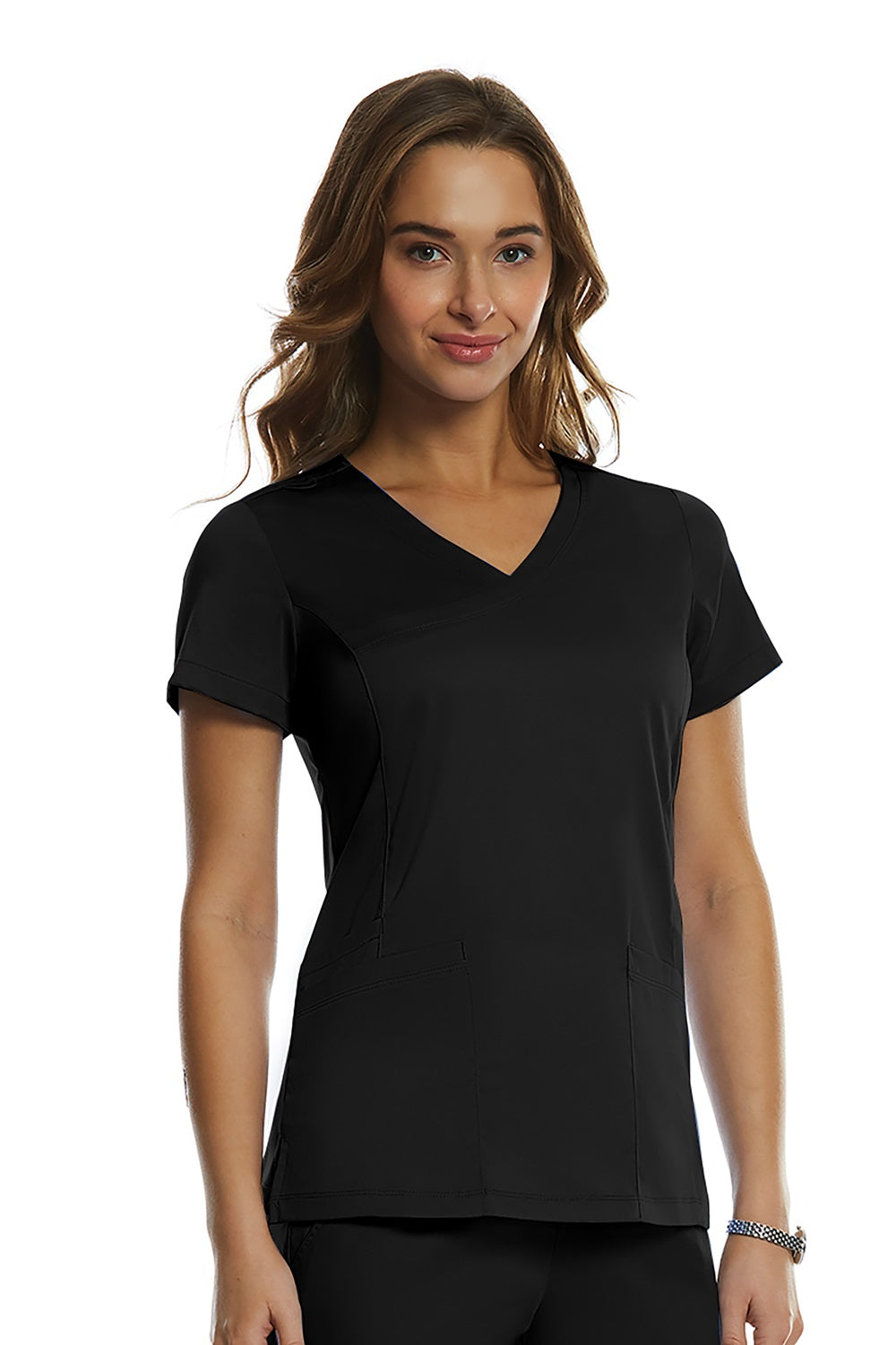IRG Edge 2803 women's mock wrap scrub top in black - professional medical nursing uniform with tailored fit.