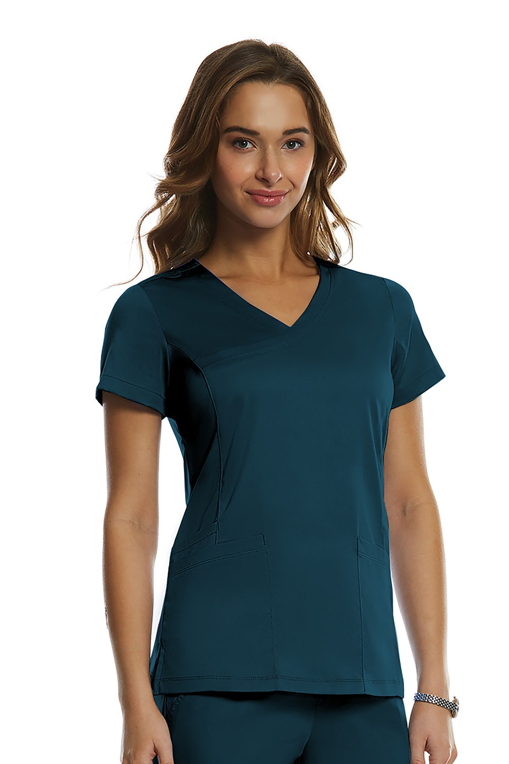 IRG Edge 2803 women's mock wrap scrub top in caribbean blue - breathable healthcare uniform with knit panels.