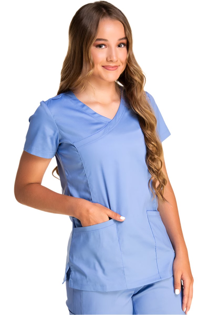 IRG Edge 2803 women's mock wrap scrub top in ceil blue - lightweight medical scrubs for nurses.