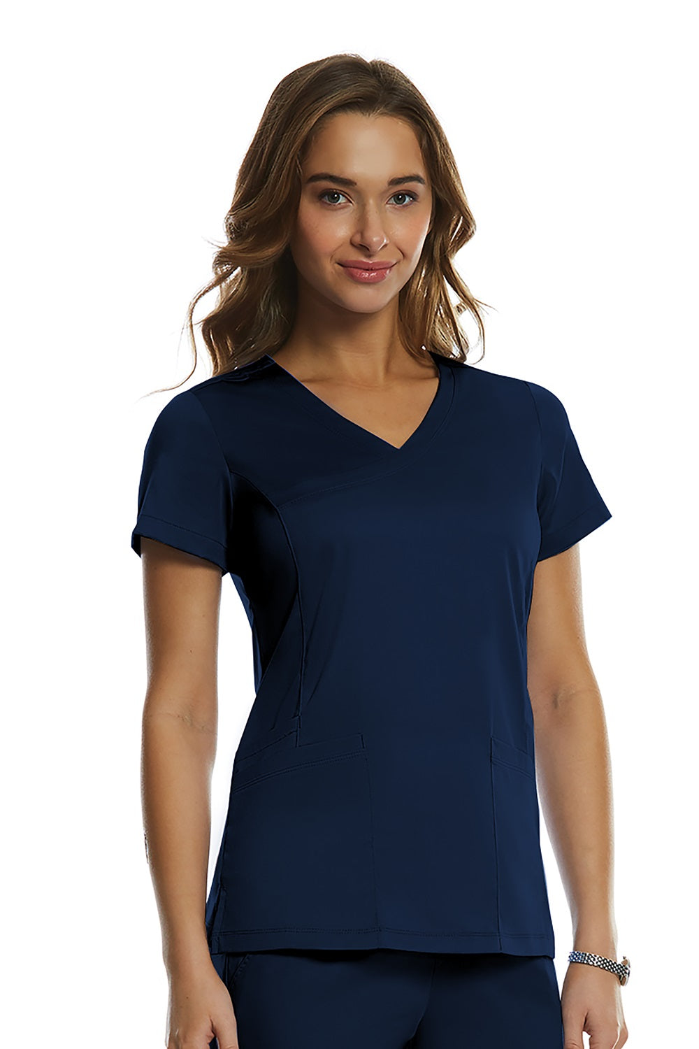 IRG Edge 2803 women's mock wrap scrub top in navy blue - durable nursing uniform with princess seam construction.