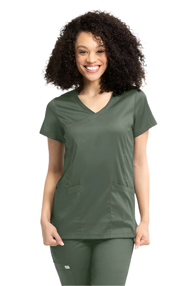 IRG Edge 2803 women's mock wrap scrub top in olive green - comfortable medical workwear for healthcare professionals.