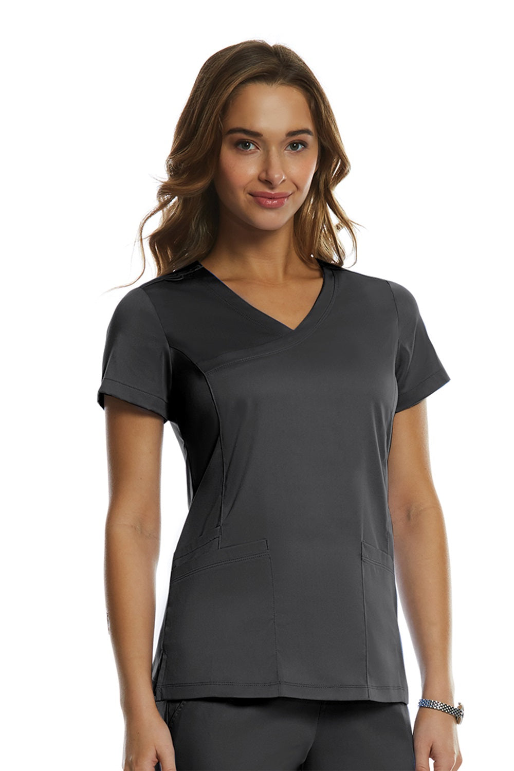 IRG Edge 2803 women's mock wrap scrub top in pewter grey - flattering medical scrubs with stretch side panels.