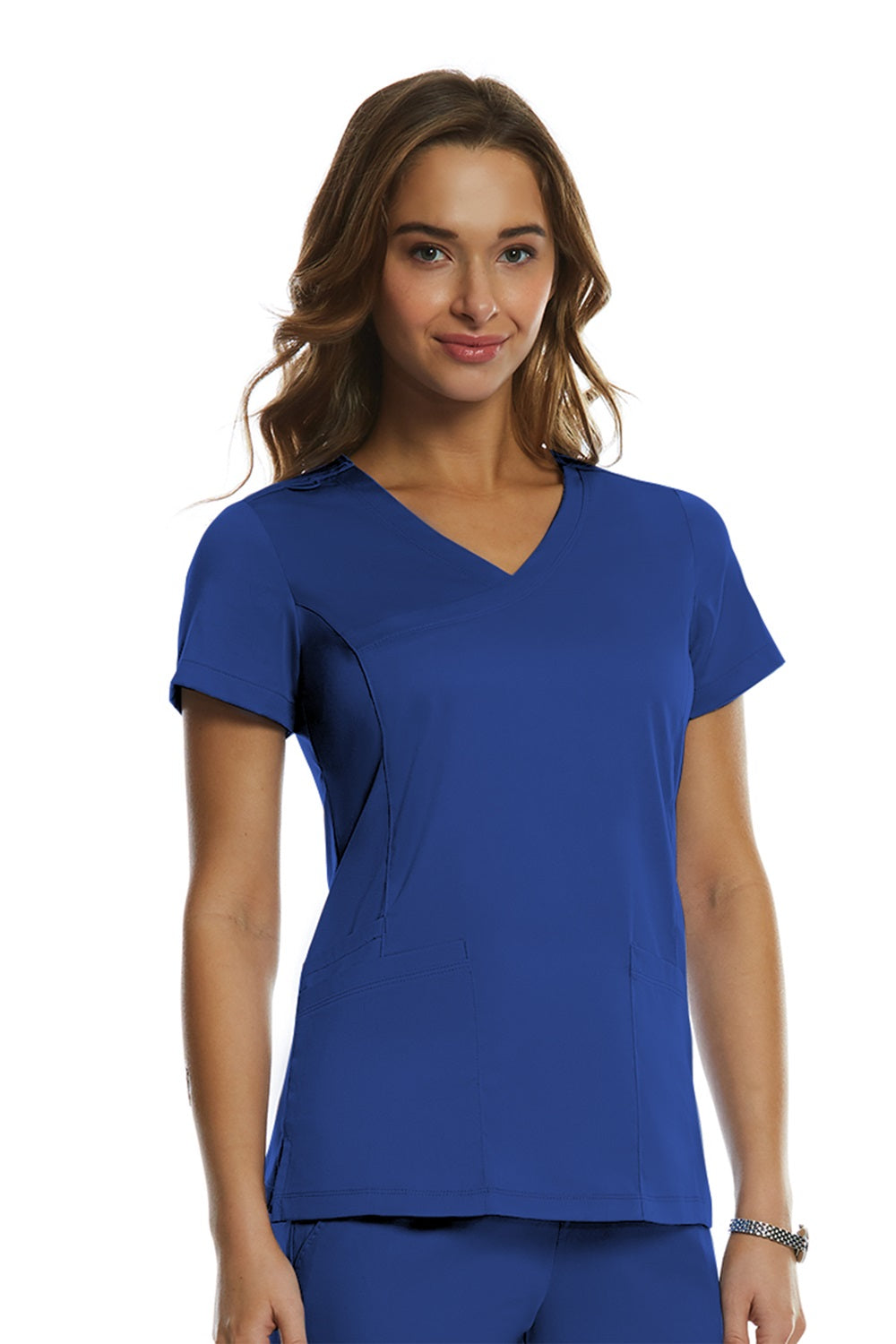 IRG Edge 2803 women's mock wrap scrub top in royal blue - medical nursing uniform with princess seams and knit side panels.