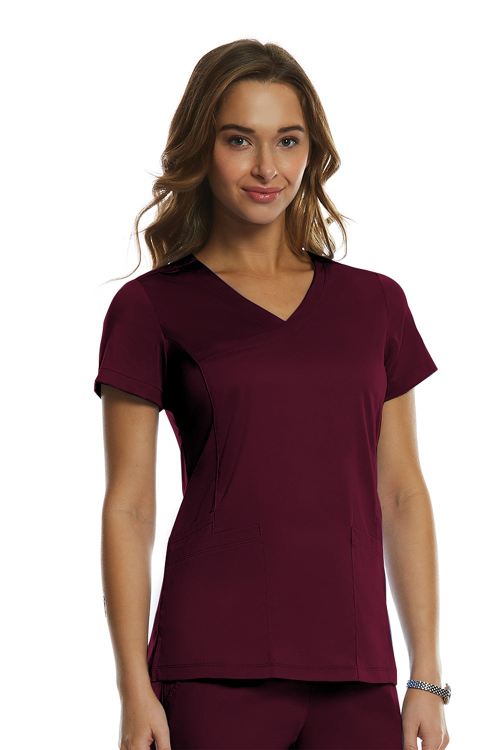 IRG Edge 2803 women's mock wrap scrub top in wine - professional nursing uniform with elegant neckline.