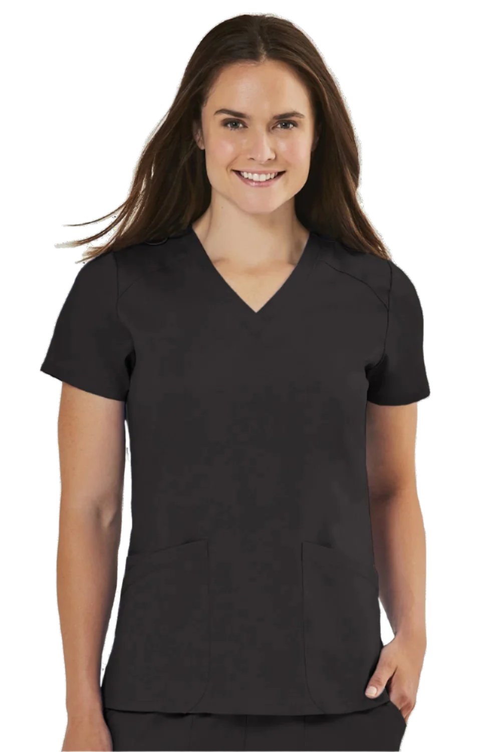 IRG Edge 2801 women's v-neck scrub top in black with tailored fit and curved neckline for healthcare workers.