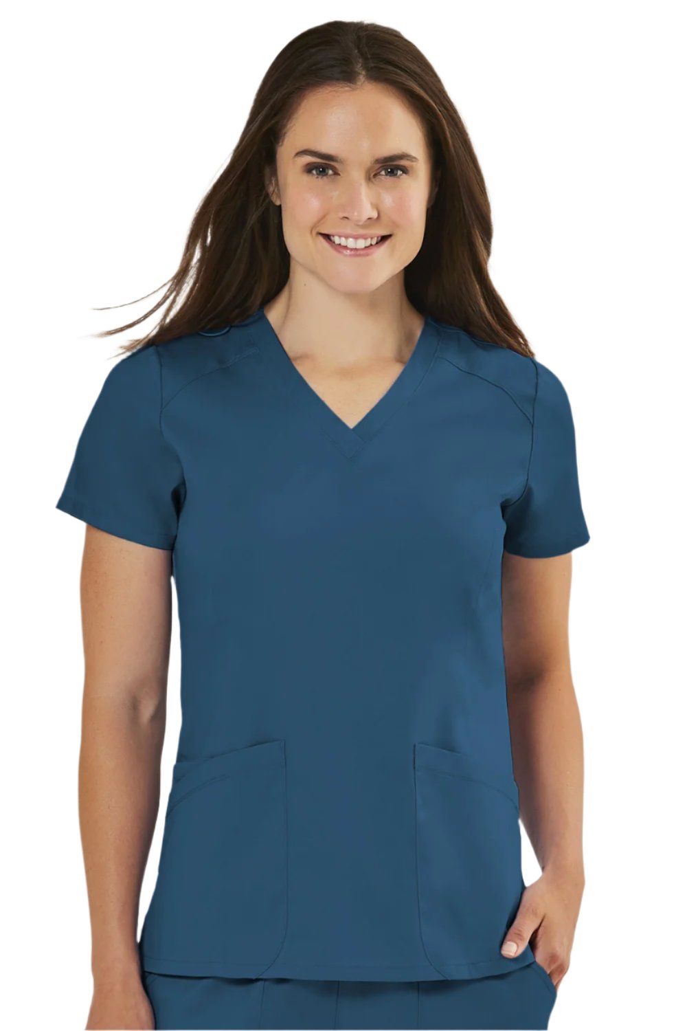 IRG Edge 2801 women's v-neck scrub top in caribbean blue with side vents and professional fit for nurses.