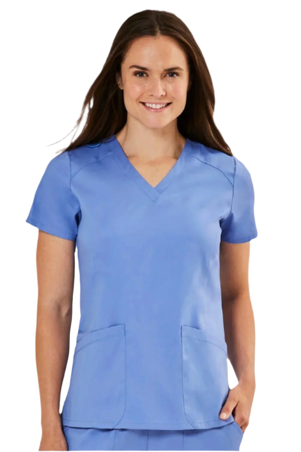 IRG Edge 2801 women's v-neck scrub top in black with tailored fit and curved neckline for healthcare workers.
