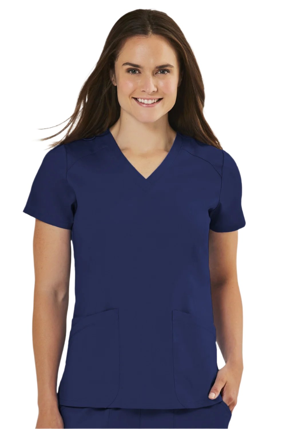 IRG Edge 2801 women's v-neck scrub top in navy blue with durable fabric and curved neckline for healthcare professionals.