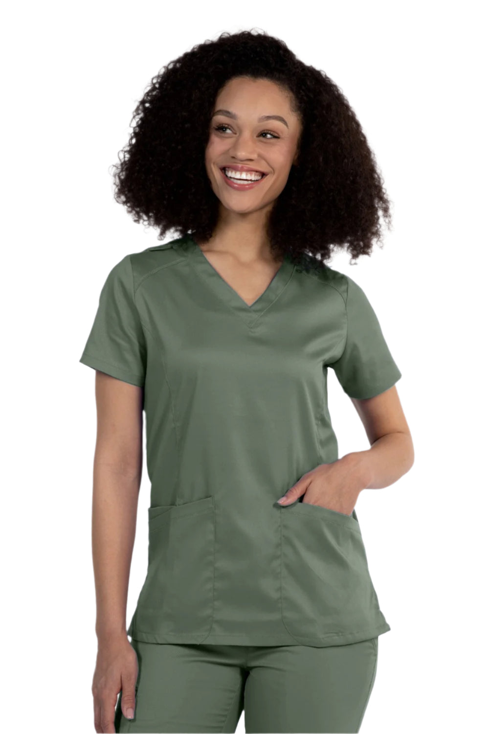 IRG Edge 2801 women's v-neck scrub top in olive green with durable fabric and curved neckline for healthcare professionals.