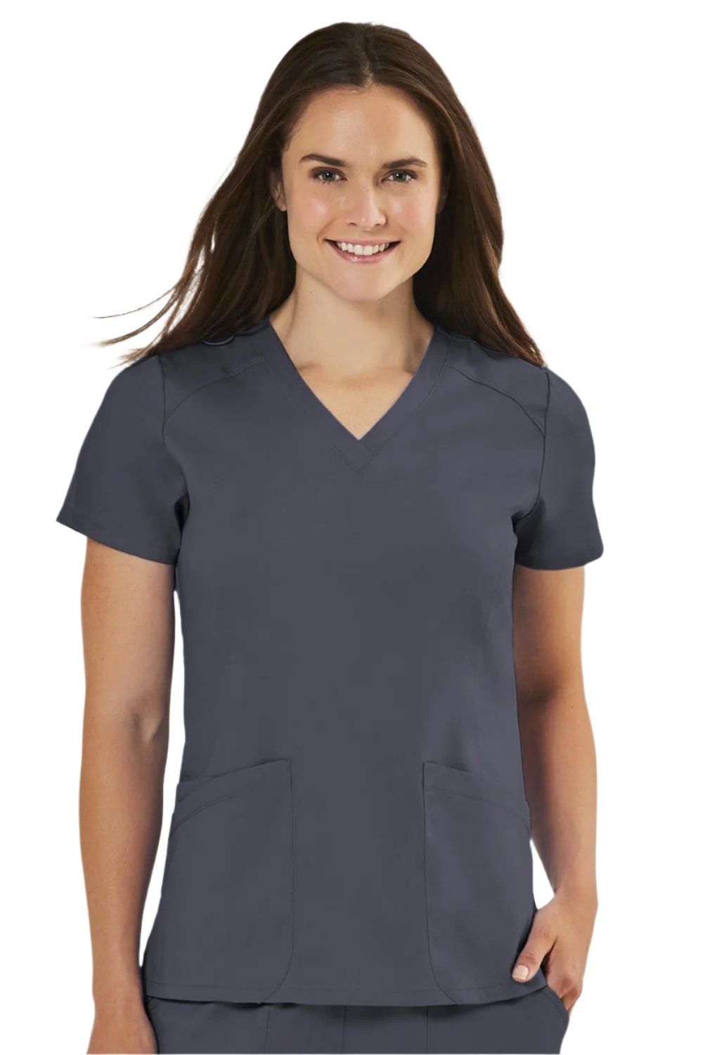 IRG Edge 2801 women's v-neck scrub top in pewter grey with durable fabric and curved neckline for healthcare professionals.