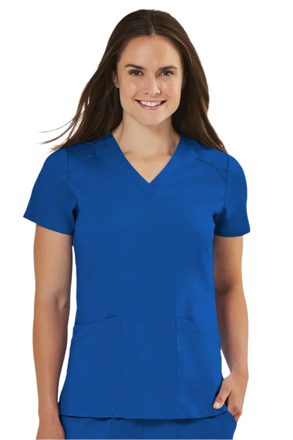 IRG Edge 2801 women's v-neck scrub top in royal blue with durable fabric and curved neckline for healthcare professionals.