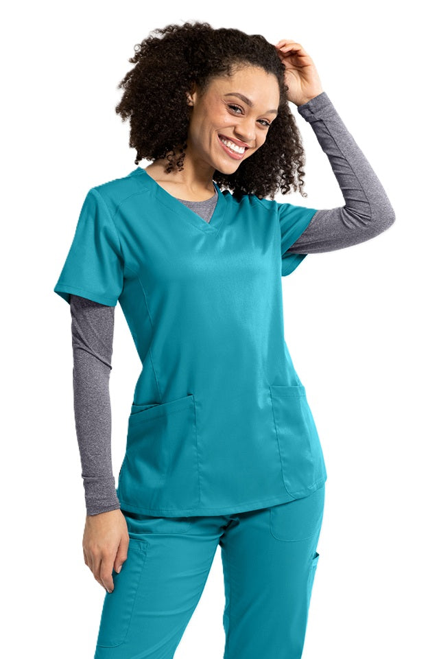 IRG Edge 2801 women's v-neck scrub top in teal blue with durable fabric and curved neckline for healthcare professionals.
