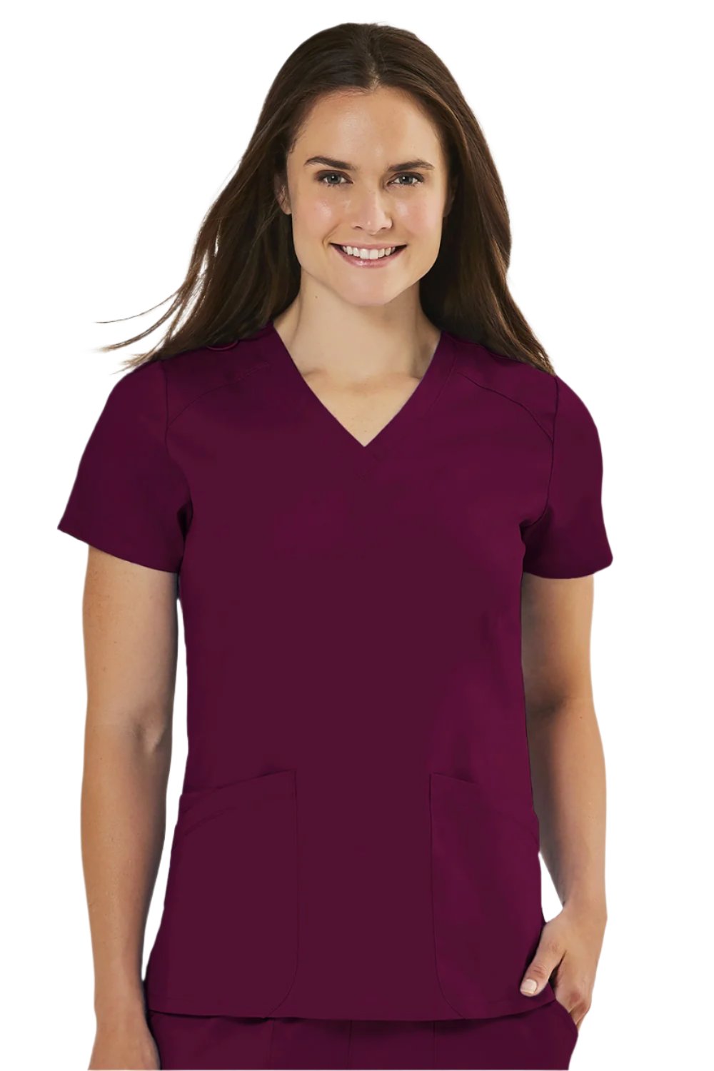 IRG Edge 2801 women's v-neck scrub top in wine with durable fabric and curved neckline for healthcare professionals.