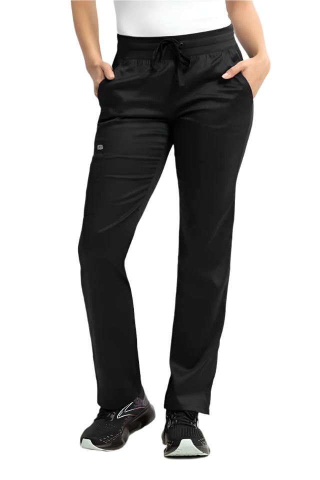 IRG Edge 6802 medical scrub pants in black - premium yoga waistband design with functional cargo pockets for nurses and medical staff.