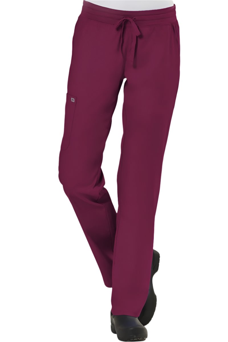 IRG Edge 6802 scrub pants in wine burgundy - flexible yoga waistband with cargo pockets and side vents for healthcare workers.