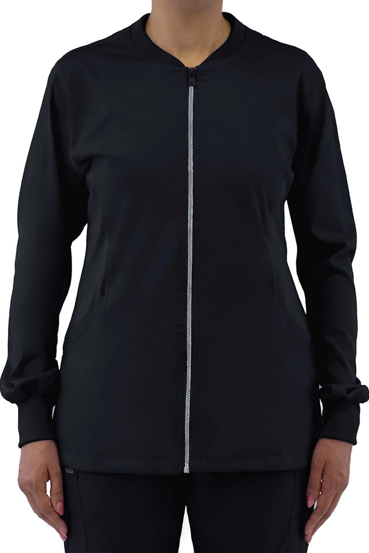 IRG Edge 2811 black zip front medical jacket with front pockets and tailored fit for nurses and medical staff.