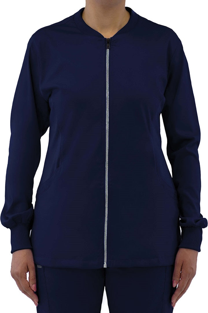 Women's IRG Edge 2811 zip front scrub jacket in navy blue with princess seams and knit side panels for healthcare professionals.