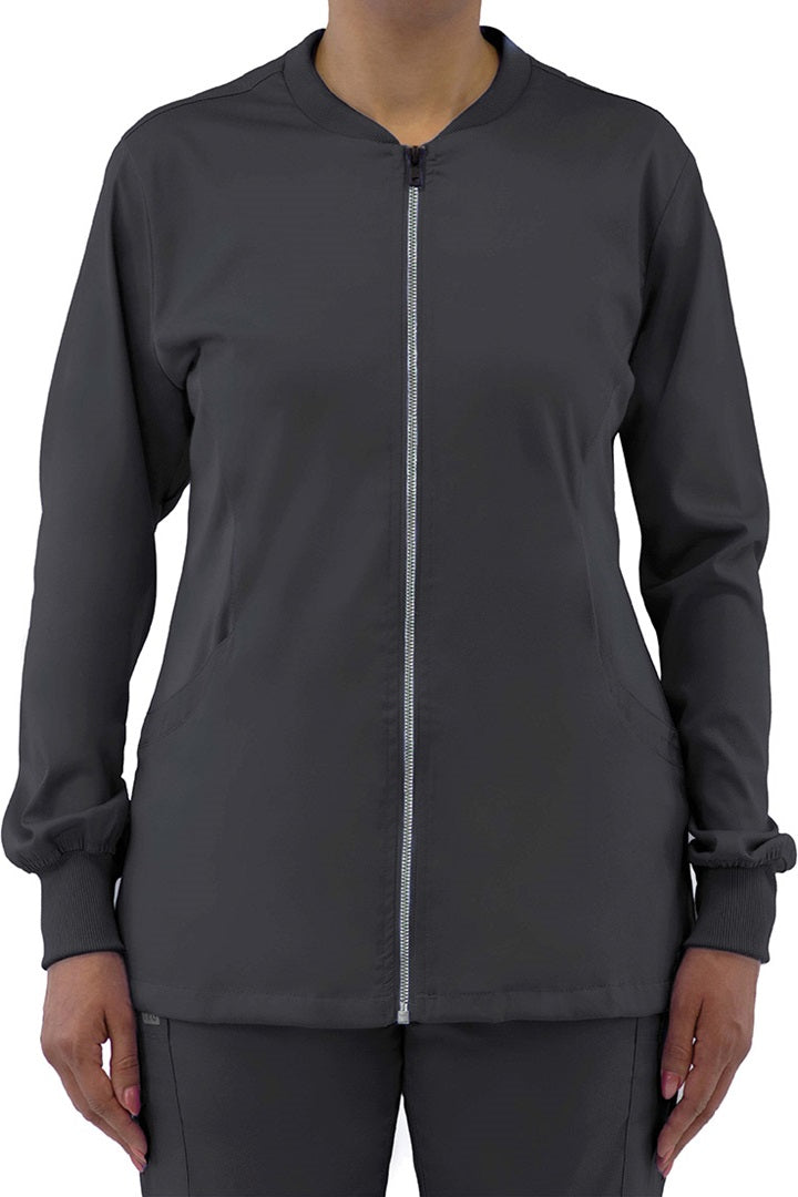 IRG Edge 2811 scrub jacket in pewter grey featuring full-length zipper and stretch knit panels for all-day comfort.