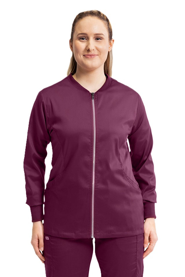 Women's IRG Edge 2811 zip front scrub jacket in wine burgundy with princess seams and professional medical workwear design.