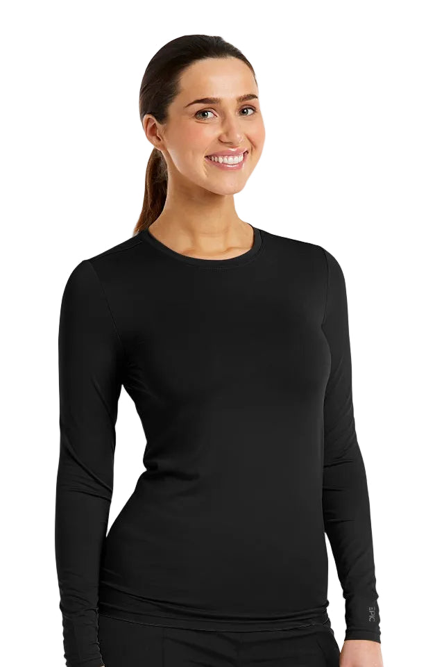 IRG EPIC 4800 women's long sleeve underscrub tee in black, soft stretchable medical undershirt for women healthcare professionals.