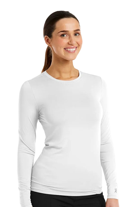 IRG EPIC 4800 women's long sleeve underscrub tee in white, soft stretchable medical undershirt for women healthcare professionals.
