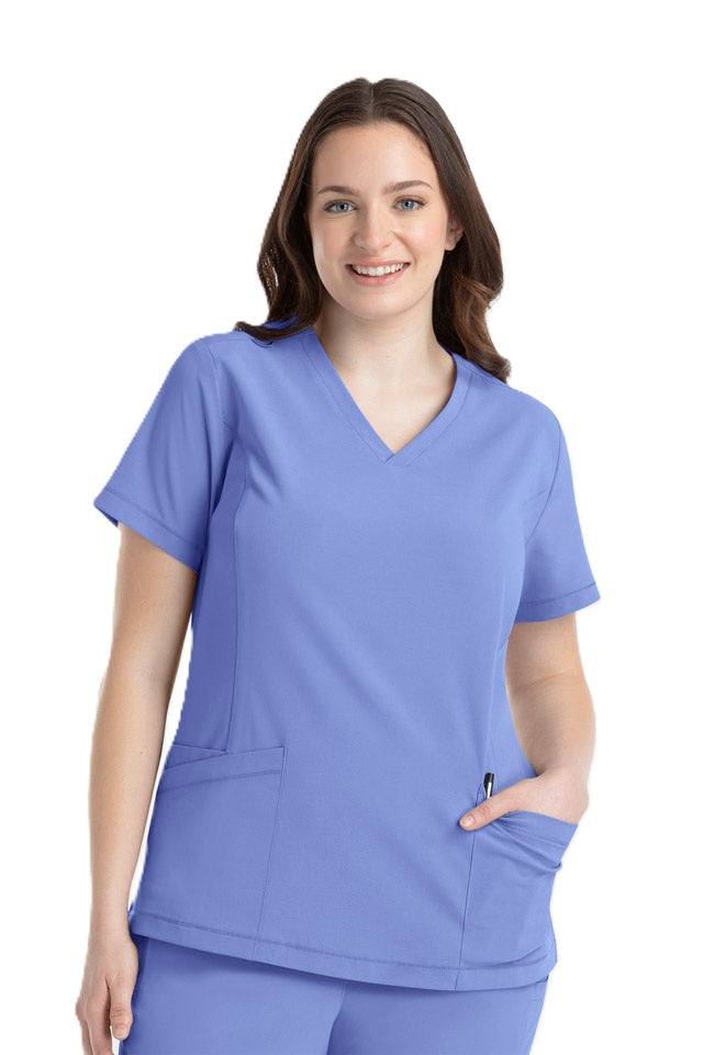 Women's IRG EPIC 4801 V-neck scrub top in ceil blue with durable fabric for nurses and clinical staff.