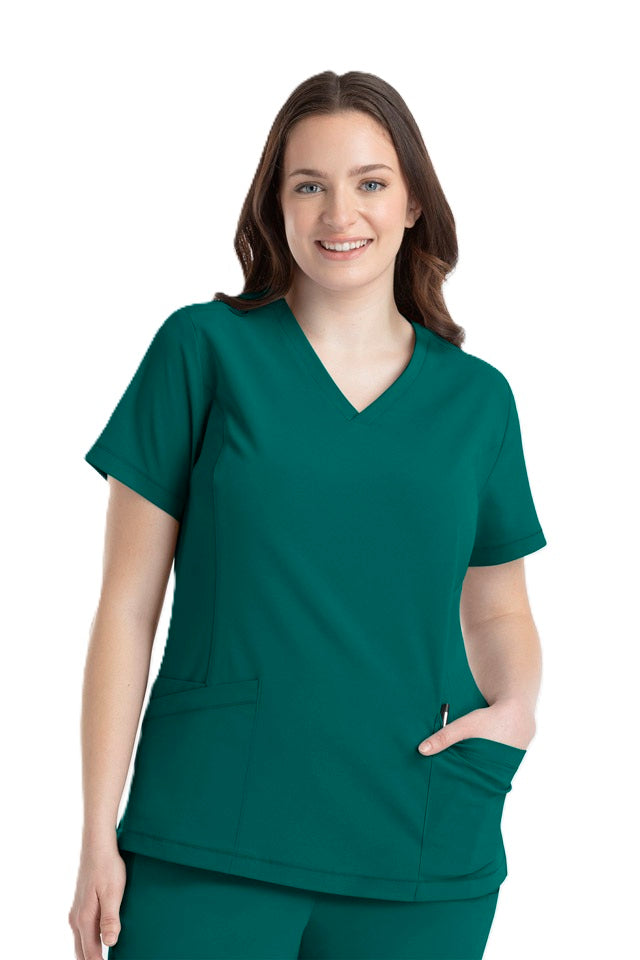 Women's IRG EPIC 4801 V-neck scrub top in hunter green with professional fit for healthcare workers.