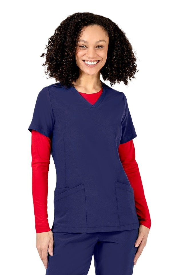 Women's IRG EPIC 4801 V-neck scrub top in navy blue with functional pockets for nurses and healthcare professionals.