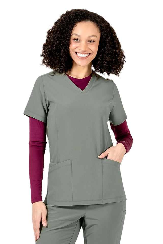 Women's IRG EPIC 4801 V-neck scrub top in olive green with easy-care machine washable fabric.