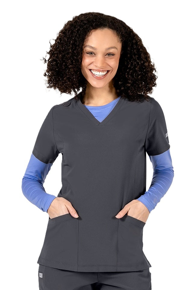 Women's IRG EPIC 4801 V-neck scrub top in pewter grey with lightweight breathable fabric for long shifts.