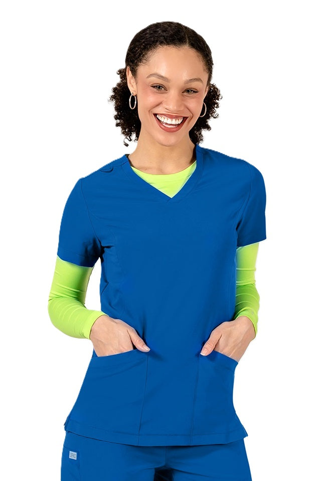 Women's IRG EPIC 4801 V-neck scrub top in royal blue with functional design for medical assistants.