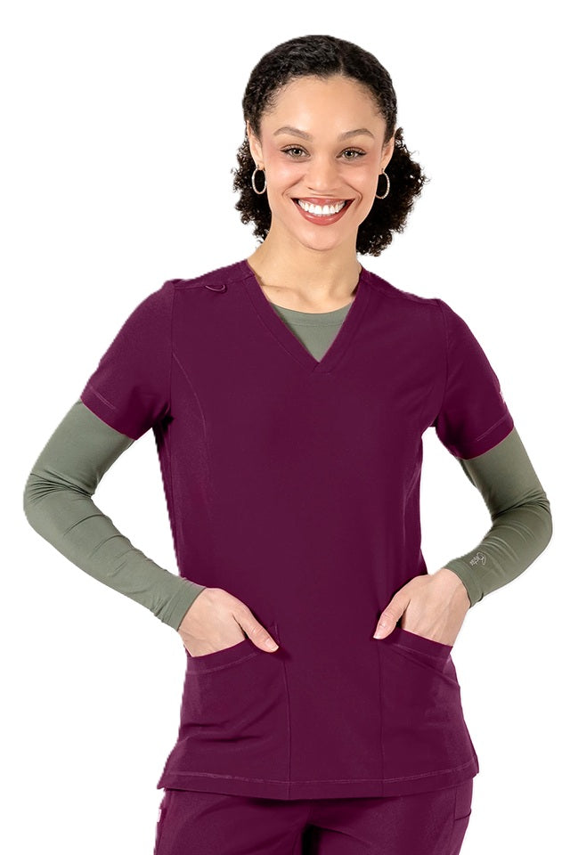 Women's IRG EPIC 4801 V-neck scrub top in wine with professional tailored cut for dental and veterinary staff.