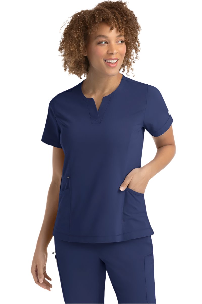 Navy blue notched crew neck scrub top with side vents for mobility - IRG EPIC 4802 professional medical wear.
