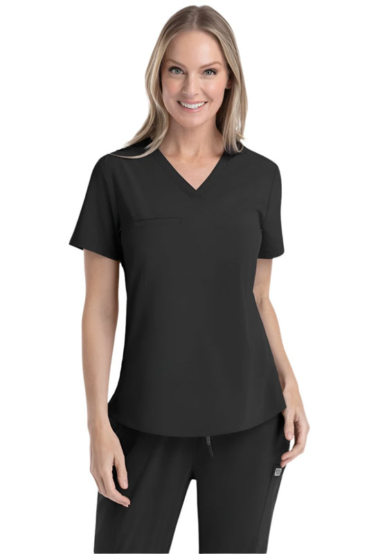 Black V-neck medical scrub top IRG EPIC 4803 with chest pocket, tuck-in design, and contemporary fit for nurses.