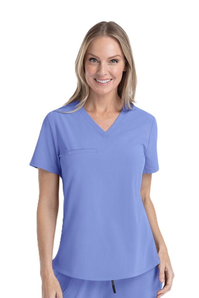 Ceil blue V-neck scrub top IRG EPIC 4803 with curved hemline and lightweight breathable fabric for clinical staff.