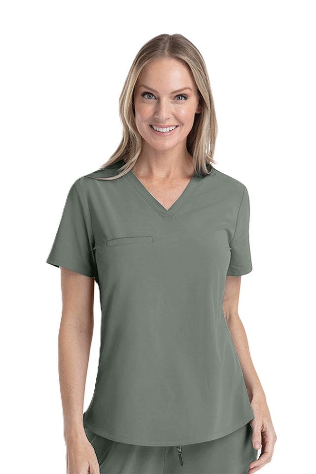 Olive green V-neck medical scrub top IRG EPIC 4803 with curved hem and stain-resistant fabric for veterinary and dental staff.
