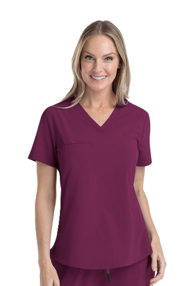 Wine burgundy V-neck medical scrub top IRG EPIC 4803 with professional curved hemline and all-day comfort for healthcare professionals.