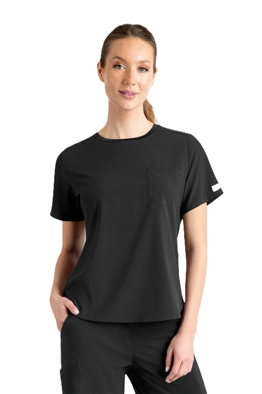 IRG EPIC 4805 Women's Round Neck Scrub Top in Black - front view showing high-low hemline, patch chest pocket, and bungee loop detail
