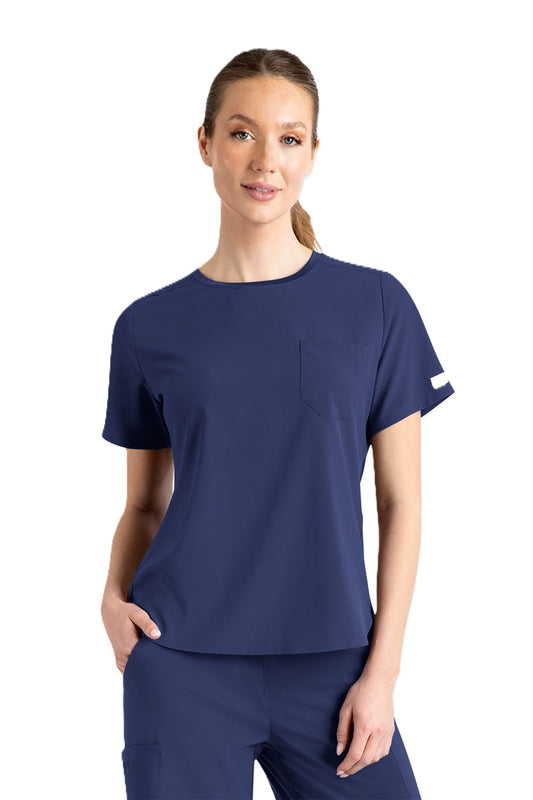 IRG EPIC 4805 Women's Round Neck Scrub Top in Navy Blue - relaxed round neck silhouette with decorative logo neck tape and badge bungee loop
